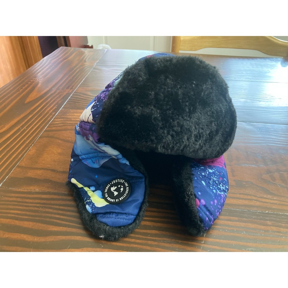 Justice Splatter Hat with Ear Flaps Winter One Size‎ Kids Colorful Black Trapper